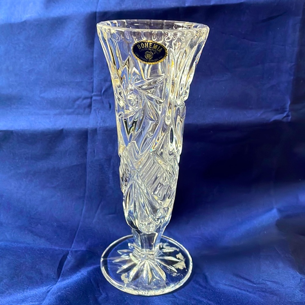 Vintage Bohemia Czech Republic Lead Crystal Hand Cut Footed Bud Vase